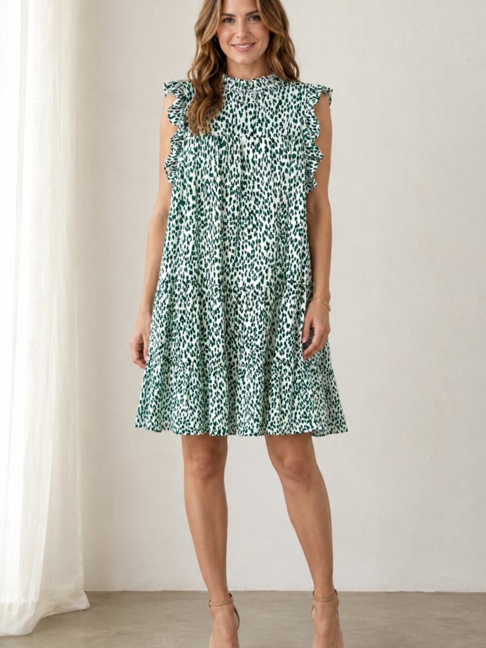 Pinch green & white tiered dress, size L